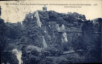 Paryż — Park Buttes Chaumont — Most wiszący, jezioro i widokowy punkt — LIP