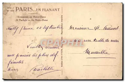 Paris. En Flanant — Crepúsculo sobre a Notre-Dame — Edição de Arte YVON, N° 100 — Verso