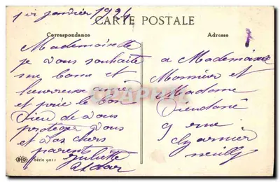 Zimowy krajobraz — zasnieżona dom z mostem — tekst 'Bonne Année' — wydawca FD, seria 9011 — Rewers