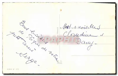 Cesto de Páscoa — ovos coloridos, pintinhos e flores — M. D. Paris, série n° 3715 — Verso