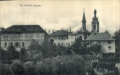 Myans (Savoie) — vista do castelo e da igreja com estátua — editor desconhecido, n° 578