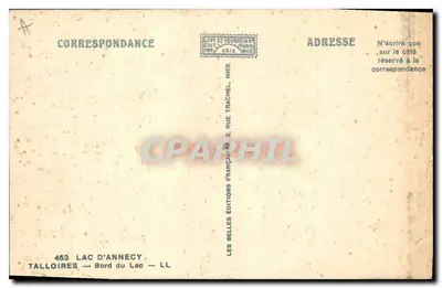 Jezioro Annecy — Wzrok na jezioro między drzewami — Wydawnictwo Les Belles Éditions, Nice, nr 453 — Rewers