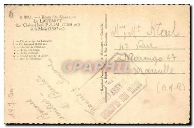 Le Lautaret — Route des Alpes — Chalet-Hôtel P.-L.-M. et la Meije — éditeur A. Maullart, Grenoble — Rewers