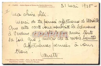 Notre-Dame y Estatua de Santa Geneviève — Ediciones de Arte YVON, n°21 — Reverso