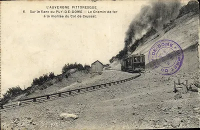 A Auvergne pitoresca — No flanco do Puy-de-Dôme — O Caminho de Ferro na subida do Col de Ceyssat — Éditeur V.D.