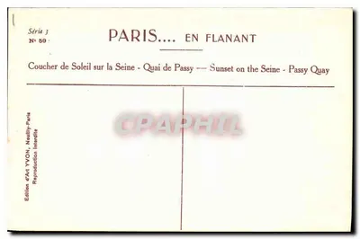 París... en Paseo — Puesta de Sol sobre el río Sena - Malecón de Passy — Serie 3 N° 59 — Edición de Arte YVON, Neuilly-París — Reverso