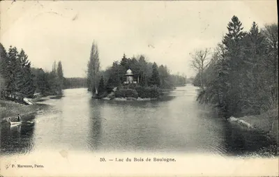 Lago do Bois de Boulogne — vista do lago com quiosque na ilha — P. Marmuse, Paris, n°59