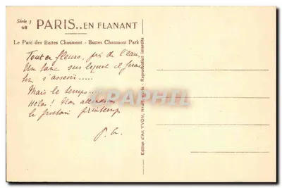 Parque das Buttes-Chaumont — Vista do lago e do templo sobre rocha — Edição de Arte YVON, Série 3 n°48 — Verso