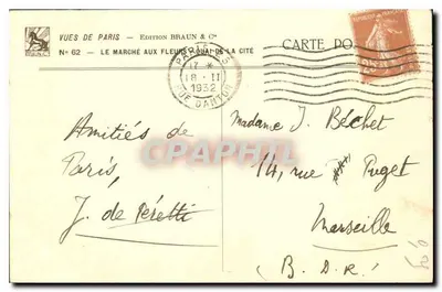 Mercado de flores de la Cité — Vistas de París — Edición Braun & Cie, n°62 — Reverso