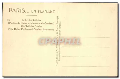 Paris — Jardim das Tuileries — Pavilhão de Rohan e Monumento de Gambetta — Edições de Arte YVON — Verso