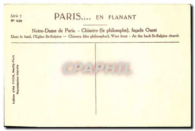 Notre-Dame w Paryżu — Chimera (filozof) — fasada zachodnia — Wydawnictwo Sztuki YVON, Neully-sur-Marne — Rewers