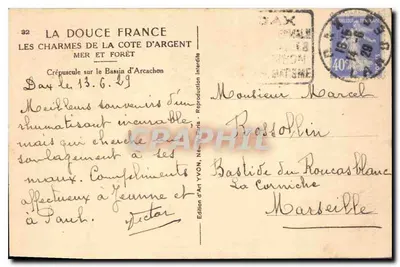 Crepúsculo sobre o Bassin d'Arcachon — A Doce França — Edição de Arte YVON, n°32 — Verso