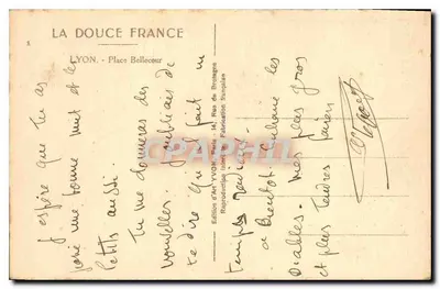 Place Bellecour w Lyonie — widok panoramiczny z figurą konnej — wydawca 'LA DOUCE FRANCE' — Rewers