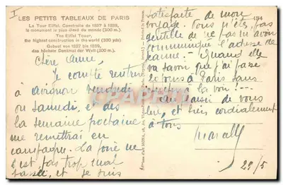 Wieża Eiffla — Paryż — wydawca Mona, n° 154 — Rewers