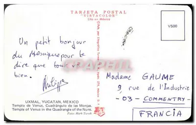 Templo de Venus — Quadrángulo de las Monjas — Uxmal, Yucatán, Meksyk — TARJETA POSTAL "VISTACOLOR" V500 — Rewers