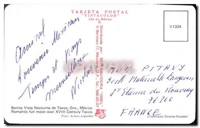 Widok nocny z Taxco — Meksyk — wydawca Vistacolor, nr V1324 — Rewers