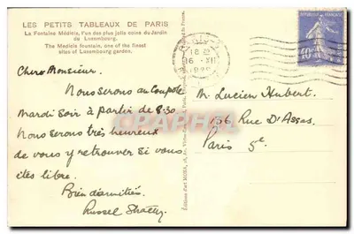 Fontaine Médicis — Jardin du Luxembourg — Wydawnictwo Sztuki MORA, Paryż — Rewers