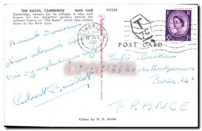 Les Backs, Cambridge — widok rzeki Cam — wydawca H. D. Keilor, nr WHS 1568 — Rewers