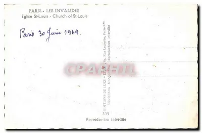 Intérieur de l'église Saint-Louis des Invalides — Paris — Éditeur Estel, n°305 — Verso