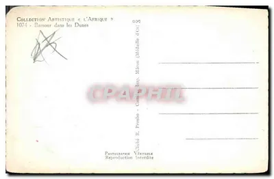 Bassour dans les Dunes — scène de dunes avec trois chameaux et un berger — éditeur R. Prombo — Achterkant