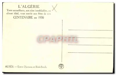Aurès — Entre Djemora e Béni-Souik — Argélia — Centenário em 1930 — Verso