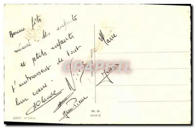 Niña en traje folclórico — con ramo de flores y perro — editor M.D. Paris, serie n°3975 — Reverso