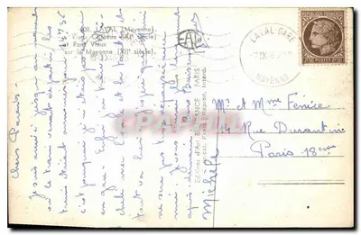 Laval (Mayenne) — Stary Zamek i Stary Most na Rzeki Mayenne (XI wiek) — Wydawnictwo Sztuki Bellance, Paryż — Rewers