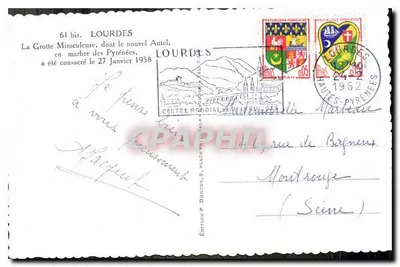 Jaskinia Miraculana w Lourdes — nowy ołtarz święcony 27 stycznia 1958 — Wydawnictwo P. Doucet — Rewers