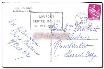Lourdes — Bazylika i rzeka Gave — Wydawnictwo P. Doucet — Rewers