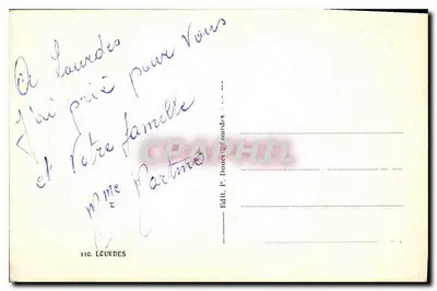 Lourdes — widok panoramiczny i pojawienie się Najświętszej Panny Maryi — wydawca P. Doutrelle, n° 110 — Rewers