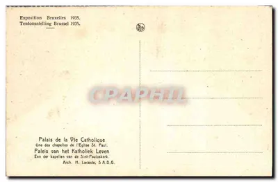 Capilla de la Iglesia de San Pablo — Exposición Bruselas 1935 — Arq. H. Lacoste, S.A.D.G. — Reverso