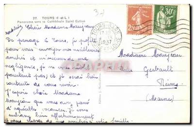 Tours — Panorama em direção à Catedral Saint Gatien — Edição J. Maillot, Tours — Verso