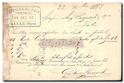 Cartolina postale da Lille a Bâle — editore sconosciuto, numero di serie non visibile — Verso