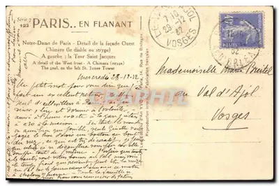Nossa Senhora de Paris — Detalhe da fachada Oeste — Chimères (o diabo ou stryge) — Yvon, série 122 — Verso