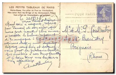 Stara pocztówka Les petits Tableaux de Paris Notre Dame Widok z mostu Archevêque — Rewers