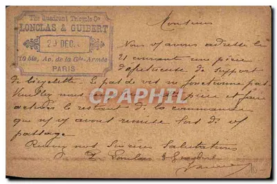 Bicicleta — Paris 62 — Quadrant Tricycle Co. e carimbo da Grande Armée — Verso