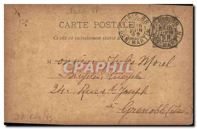Paris — Carta manuscrita em cartão postal — Verso