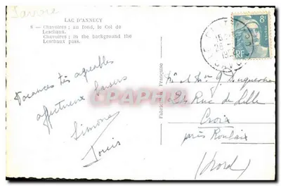 Lago de Annecy — Vista de Chavoyres y el Col de Leschaux — Tarjeta postal francesa — Reverso