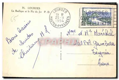 Lourdes — La Basilica e il Picco del Jer — Edizione P. Doucet, Lourdes — Verso