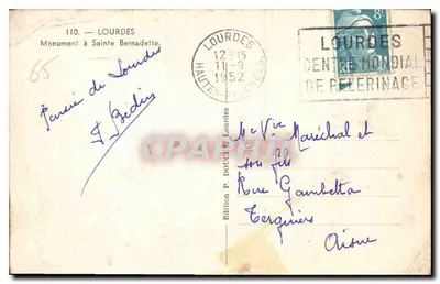 Monumento a Santa Bernadette — Lourdes — Édition P. Doucet — Reverso