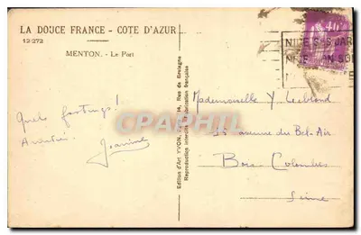 Menton - Port — widok portu i wsi na wzgórzu — Wydawnictwo Art YVON, nr 12.272 — Rewers