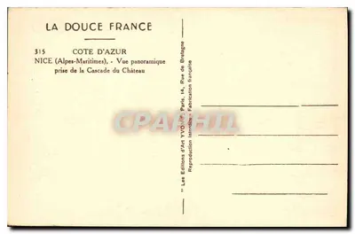 NICE (Alpes-Maritimes) — Widok panoramiczny z Cascady Zamku — Les Éditions d'Art YVO, Paryż — Rewers