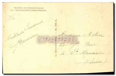 Widok z Wielkiej Korniche w Mentonie — Wycieczka z Wielkiej Korniche nr 23 — Wydawca Le Belvédère d'Èze — Rewers