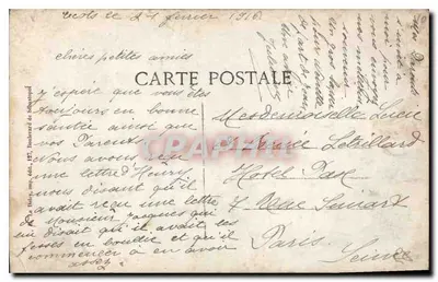 Siostra w czarnej sukni i białym szale — kartka pocztowa z 1916 roku — wydawca Deley, druk 157, Bulwar Sebastopol — Rewers