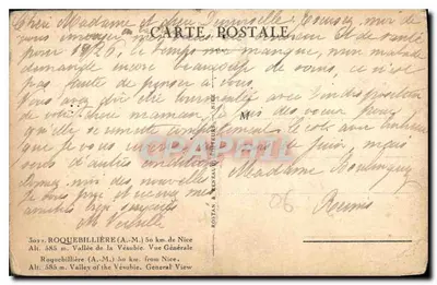 Stara pocztówka Roquebilliere de Nice Vallee de la Vesubie Widok ogólny — Rewers