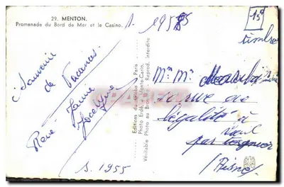 Menton — Promenada nad morzem i kasyno — Éditions du Globe, Paryż — Rewers