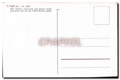 Última estação do Calvaire — Jesus tirado do crucifixo e depositado aos pés da Virgem — G. Fugel, série KJM, n° 16223 — Verso