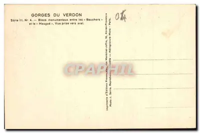 Gorges del Verdon — Bloques monumentales entre los « Bauchers » y el « Maugué » — Ediciones Provenzales — Reverso