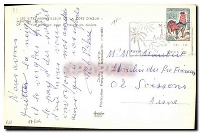Menton — Vista generale scattata attraverso gli ulivi — Fabbricazione Francese — Verso