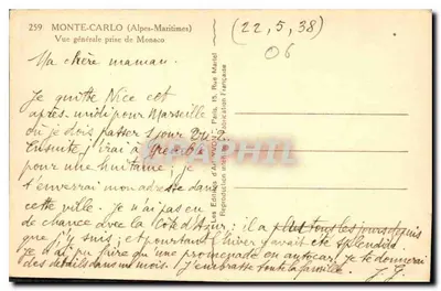 Monte-Carlo (Alpes-Maritimes) — Ogólny widok z Monako — Wydawnictwo Sztuki WORON, Paryż — Rewers
